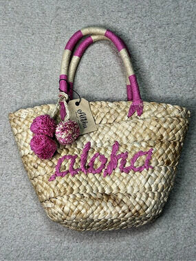 NWT Aloha Hawaii Straw Mini Tote Purse Bag Pink Pom Pom Embroidered